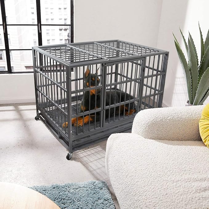 Otaid 38 inch Heavy Duty Indestructible Dog Crate, Escape Proof Dog Crate for High Anxiety Dogs, Dog Cage Kennel with Wheels, Sturdy Locks Design, Double Door and Removable Tray