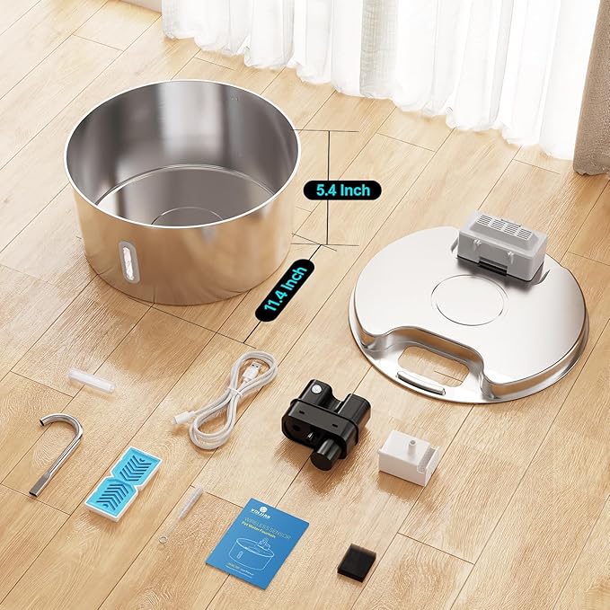 Voluas Dog Water Fountain: 1.8Gal/7L Wireless Stainless Steel Dog Fountain Bowl for Small to Large Dogs, Battery Operated Pet Water Dispenser Indoor with Ultra-Quiet Pump, Multi-Filtration, Easy Clean