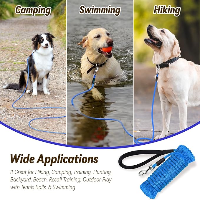 lynxking Check Cord Dog Leash Long Lead Training Tracking Line Comfortable Handle Heavy Duty Puppy Rope 10ft 15ft 30ft 50ft for Small Medium Large Dog Blue