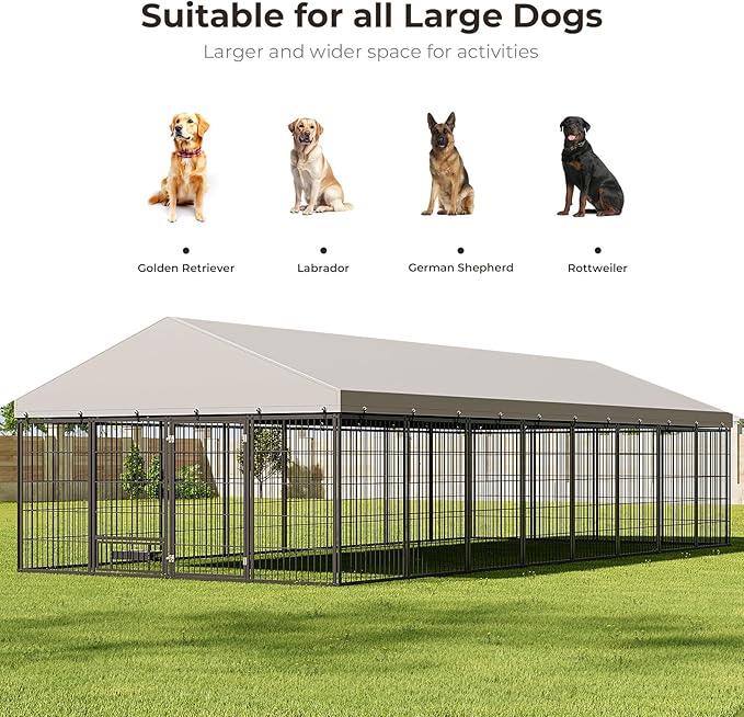 10X19FT Large Dog Kennel Outside with Feeding, Heavy Duty Outdoor Dog Run Cage with Cover & Lock, Outdoor Pet Enclosure Fence for Yard with Roof