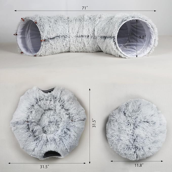Plush Cat Tunnel Bed for Indoor Cats, Collapsible Cat Donut Tunnel with Central Mat, Fluffy Cats Cave Tube with Hanging Ball for Kitten Rabbit Puppy Ferret
