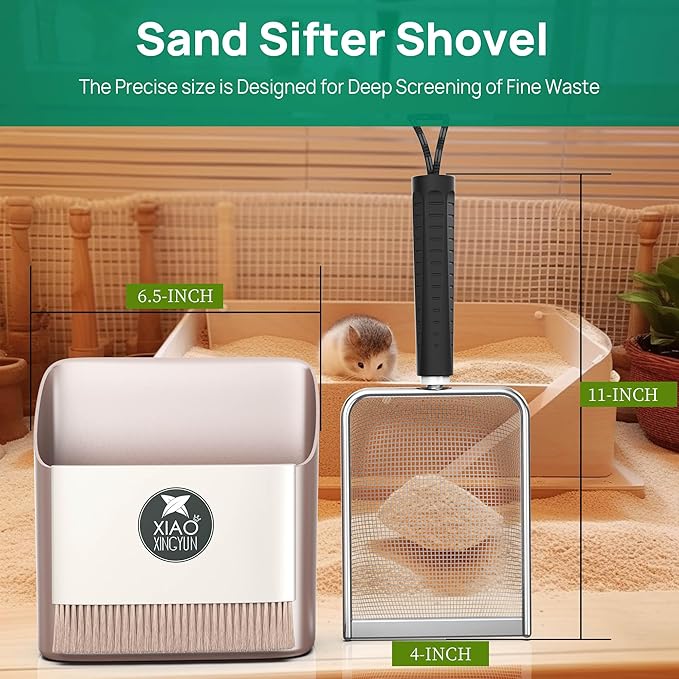 Hamster Metal Litter Scoop for Sandbath Box,Stainless Steel Litter Scooper includes Portable Small Broom and Dustpan, Fine Cat Litter Scoop Easy to Clean Small Pets or Reptile Terrarium Sand Waste