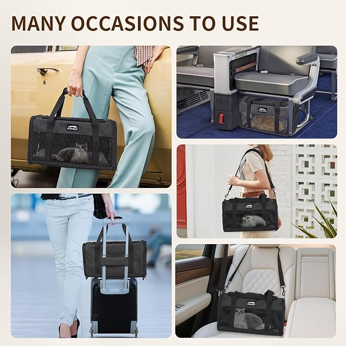 TSA Approved Pet Carrier in Cabin with Foldable Litter Box for Kittens and Small Dogs Fits Pets Up to 15 lbs, Animal Rabbit Puppy Soft Pet Carrier Portable Airline Approved, Travel for Comfort, Black