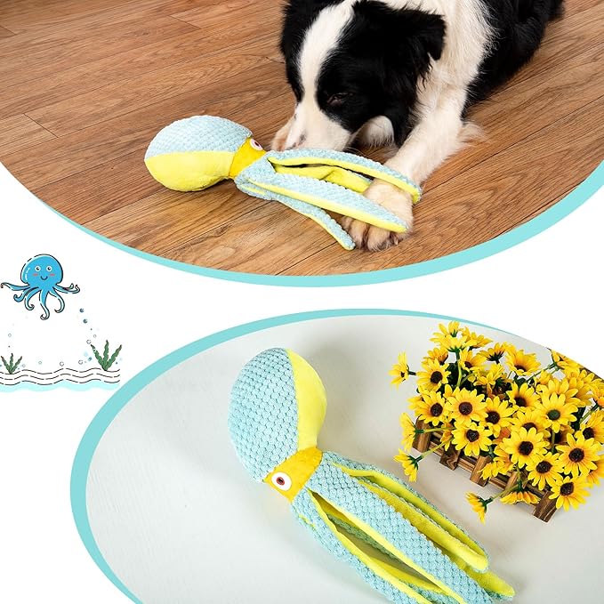 Hollypet Squeaky Plush Stuffed Durable Dog Toys, Cute Puppy Chew Toys for Small, Medium and Large Breed Dogs,Blue Octopus
