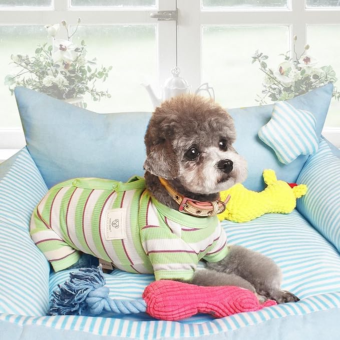 TONY HOBY Dog Pajamas, Male Dog Jumpsuit with Green Stripe, Dogs Clothes for Small Medium Size Dogs (Green&White, Boy, L)