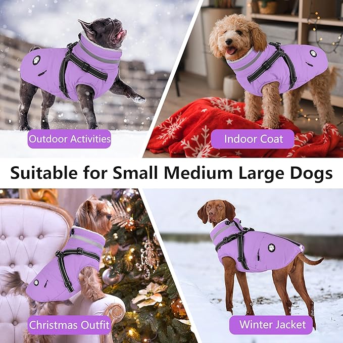Dogcheer Dog Coat with Harness, Waterproof Dog Jacket, Reflective Puppy Winter Jacket with Pocket, Doggy Turtleneck Fleece Vest for Small Medium Large Dogs - Taro Purple, 3XL