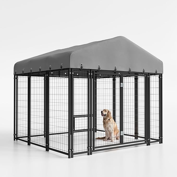6X6FT Dog Kennel Outside Double Door Dog Kennel Outdoor with Feeding, Heavy Duty Outdoor Dog Crate Durable Dog Cage with Roof & Double Lock