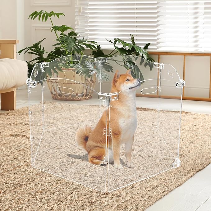Acrylic Dog Playpen for House Foldable Dog Gate Indoor with Handles Free-Standing Pet Fence Clear Dog Pen for Outdoor Puppy Cat Rabbit Accessories (6 Panel)
