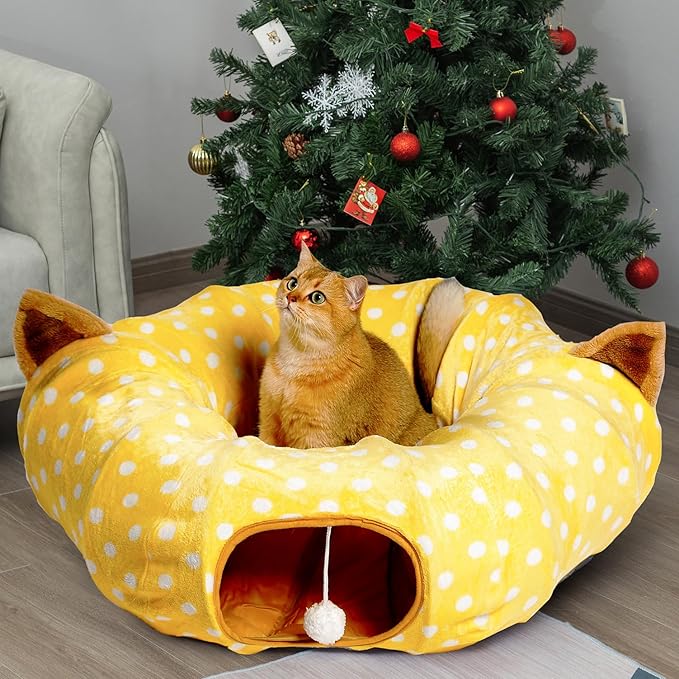 AUOON Cute Cat Donut Tunnel - Round Cat Tunnel Bed with Washable Cushion Interactive Cat Toy for Indoor Cats Kitten Kitty Puppy Rabbit Ferret (Yellow)