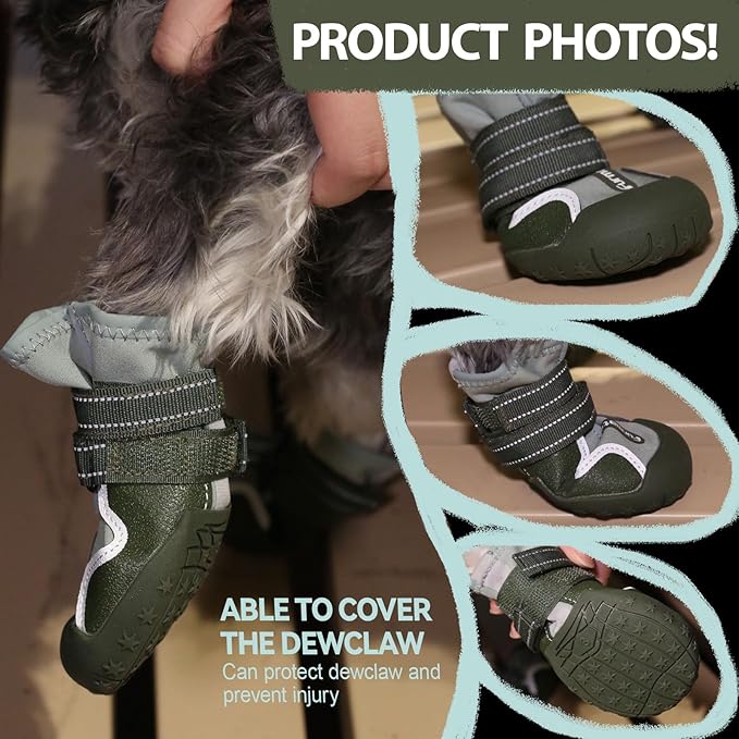 Dog Shoes for Large Small Medium Dogs,Dog Booties for Indoor Hardfloors Anti-Slip,Reflective Strip Waterproof Dog Boots & Paw Protectors for Outdoor Walking Hot Pavement,Winter Snow (Green-3)