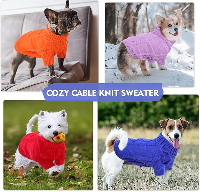 Queenmore Small Dog Pullover Sweater, Cold Weather Cable Knitwear, Classic Turtleneck Thick Warm Clothes for Chihuahua, Bulldog, Dachshund, Pug (Lilac, X-Large)
