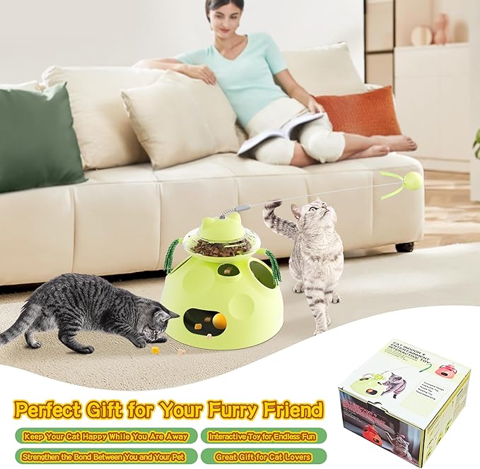 4-in-1 Cat Toys, Interactive Cats Toy with Track Balls, Fluttering Feathers, Slow Food Dispenser, Fun & Engaging Cat Toys for Bored Indoor Cats, Durable & Safe (Green)