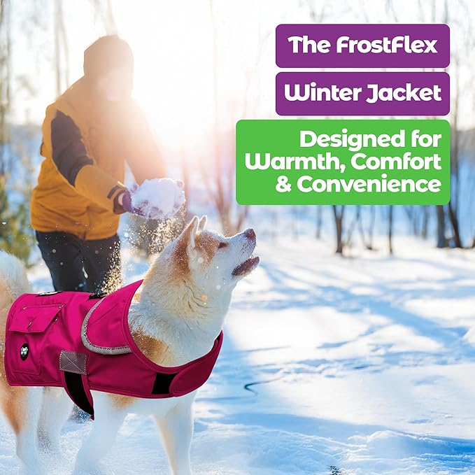 Joyride Harness FrostFlex Dog Winter Jacket - Fleece Lined & Water-Resistant - Snowsuit with Pockets for Treats & Poop Bags - Durable Cold Weather Dog Coat - Pink Berry-S