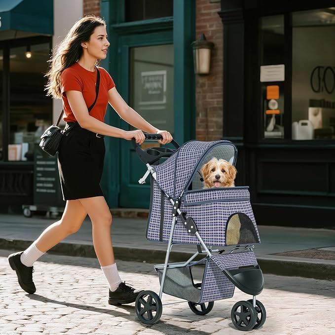 Cat Dog Stroller,3-Wheels Pet Stroller for Medium/Puppy Dogs 30 Lbs, Cat Strollers for 1 Cats, Foldable Dog Stroller with Storage Basket and Cup Holder, Breathable Mesh Plaid