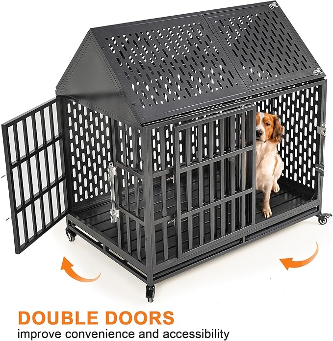 46 Inch Heavy Duty Dog Crate with Self-Locking Latch for High Anxiety Dogs, Indestructible Large Kennel Indoor with Pointed Roof, Removable Trays and Lockable Wheels, Chew Proof Cage