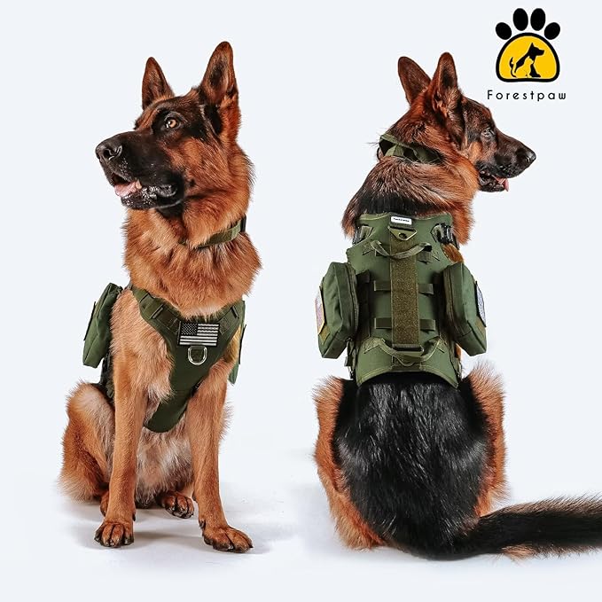 Forestpaw Dog Harness Medium Sized,Tactical Dog Harness with Handle,No Pull Military Style Service Dog Vest with Pockets Adjustable for Medium Large Dogs,Green,Chest 15.5-25.5"
