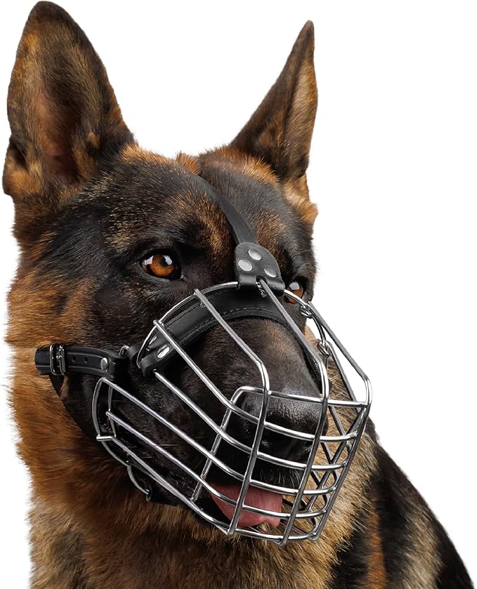 BRONZEDOG Dog Muzzle Wire Basket Metal Mask for Small, Medium and Large Dogs, Breathable, Dog can Drink, Adjustable, Padded, Training, Prevents Biting (Size 6: German Shepherds)