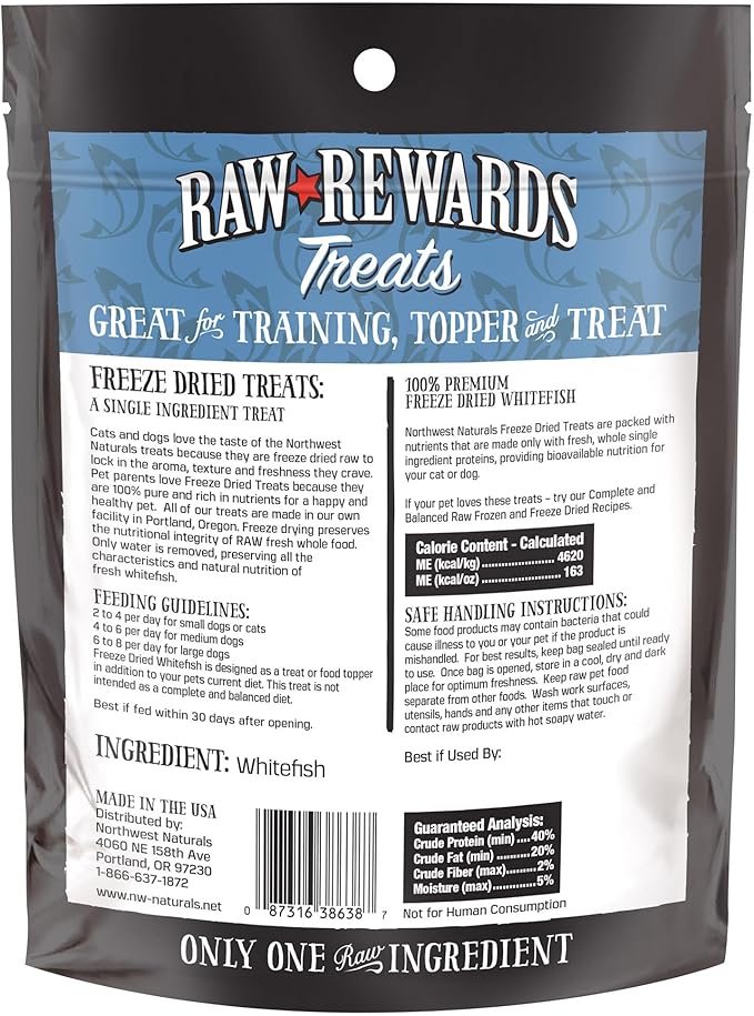Northwest Naturals Raw Rewards Freeze-Dried Whitefish Treats for Dogs and Cats - Bite-Sized Pieces - Healthy, 1 Ingredient, Human Grade Pet Food, All Natural, Proudly Made in USA, 2.5 Oz