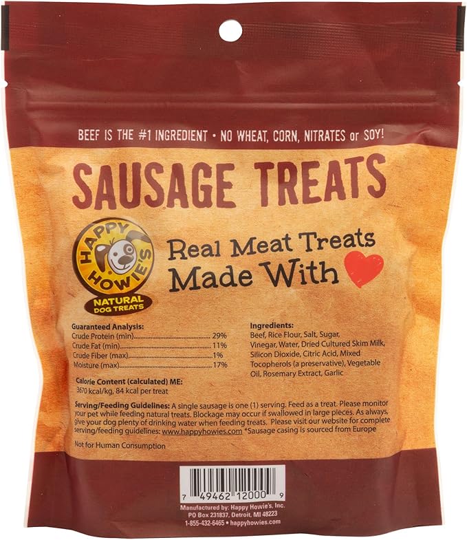 Happy Howie's Sausage Treats - Healthy Dog Treats, Flavorful Slow Cooked Beef, Natural Ingredients, Chewy Dog Treat, Hormone Free - Beef, (Pack of 1)