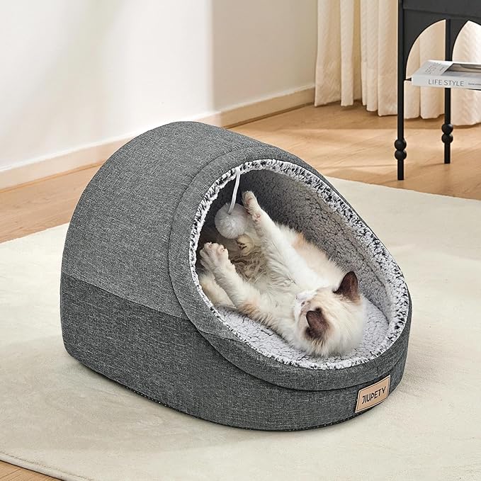 Jiupety Cute Cat Beds for Indoor Cats, Cat Cave Bed for Kittens, Large Cat Cave and Covered Cat Bed with Anti-Slip Bottom, Washable Removable Cushion, M(16"x16"x13"), Dark Gray