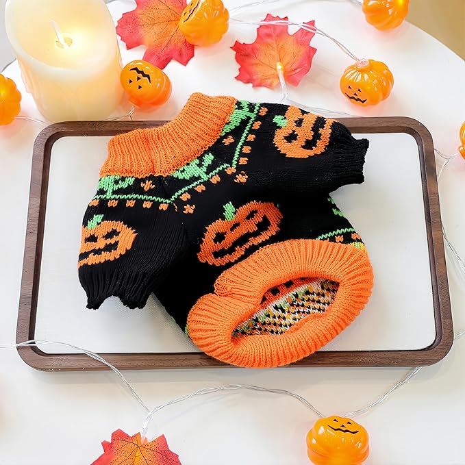 Halloween Pumpkin Dog Sweater, Knit Pet Costume, Orange and Black Fall Winter Outfit for Small Dogs and Cats (Large)