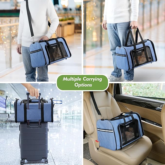 Soundy Large Cat Carrier Dog Carrier Under 25 Lbs,Collapsible Ventilated Portable Pet Bag with Soft Sided Breathable Mesh for Long Car Trips Maxi Load 2 Kittens or Small, Medium Dog (Large Blue)