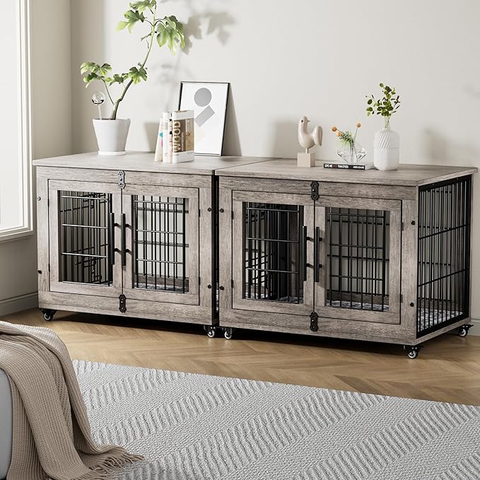 Lulive Dog Crate Furniture for Medium Dogs, 32'' Dog Kennel Indoor with Cushion & Wheels Wooden Dog Cage Double Doors Dog Crate End Table, Grey