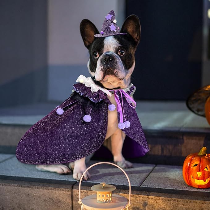 KOUPA Pet Halloween Costume with Hat, Dog Clothes Cosplay Wizard Cloak for Small Puppy Kitten Animal, Shiny Cat Outfit Suit for Party Holiday Christmas, Purple