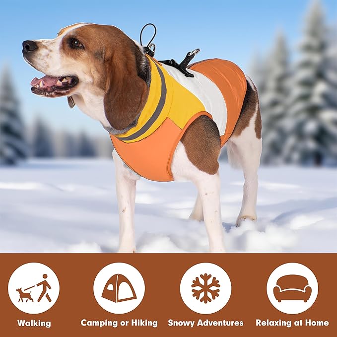 azuza Dog Jacket for Medium Dogs Waterproof Dog Coat with Reflective Strips and Harness Built in Warm Fleece Dogs Winter Coat Windproof with Back Zipper, Orange XL