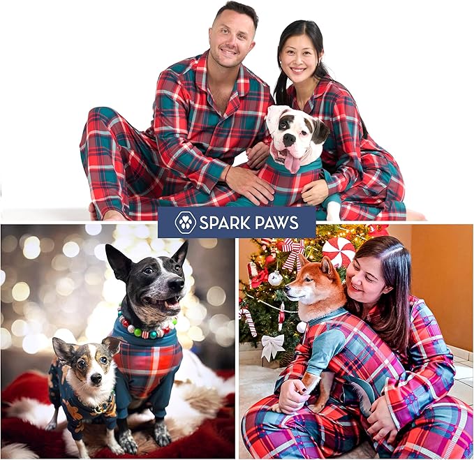 Spark Paws Dog Christmas Pajama, Dog Recovery Suit Male, Onesie, Ultra-Soft and 4-Way Stretch, for Small Medium and Large Breeds - Green and Red Plaid - L