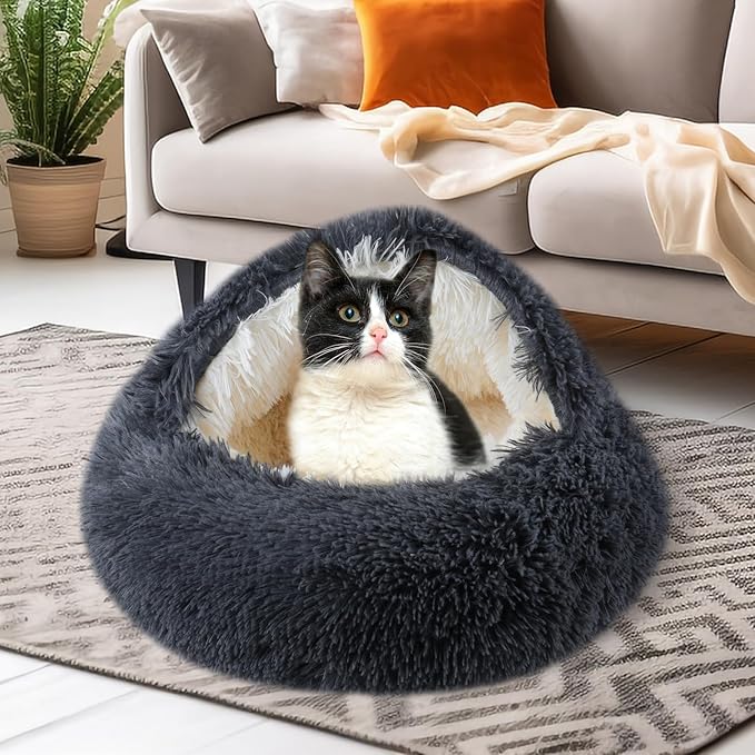 Cat Beds for Indoor Cats,Cat Cave for Puppy and Kitty,Calming Small Dog Bed for Small Dogs with Cover Cave,Cozy Warming Fluffy Washable Anti-Slip Pet Sleeping Bag(24 * 24inch,Dark Gray)