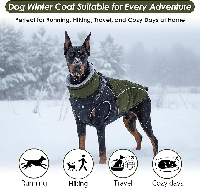 ASENKU Reflective Dog Coat with Built-in Harness, Windproof Fleece-Lined Dog Jacket for Small, Medium, Large Dogs, Warm Winter Vest with Turtleneck & Zipper (Green XL)