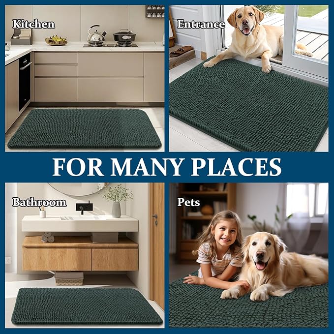 OLANLY Dog Door Mat for Muddy Paws 47x24, Absorbs Moisture and Dirt, Absorbent Non-Slip Washable Doormat, Quick Dry Chenille Mud Mat, Entry Indoor Entryway Carpet for Inside Floor, Blackish Green