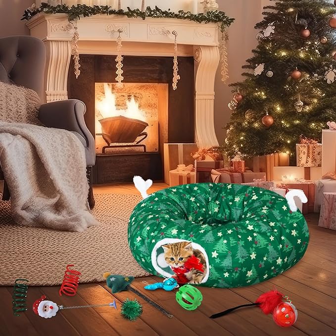 Christmas Cat Tunnel Bed with 8 Cat Toys Fluffy Plush Dog Tunnel Bed with Washable Cushion and Dangling Balls 3FT Multifunctional Playground for Small Medium Large Rabbit(Tree,Green)