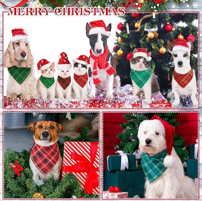 Abbylike 100 Pcs Christmas Dog Bandanas Bulk Red and Green Buffalo Plaid Bandanas for Dogs Triangle Kerchief Bibs Scarf for Pet Xmas Costume Photo Props Accessories, 25 Styles (25.6 x 17.7 x 17.7)