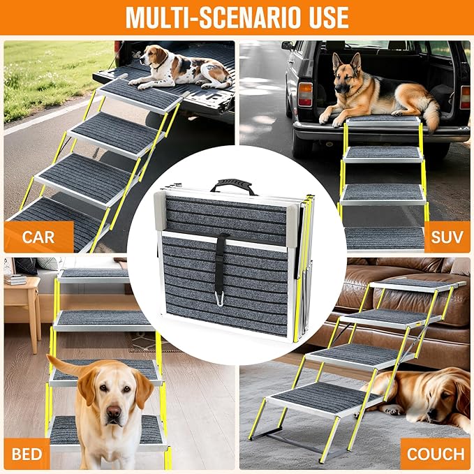 Dog Stairs for Large Dogs - Reflective 20" Wide Dog Car Ramp, 4-Step Aluminum Stairs with Non-Slip Carpet - Foldable Design for Trucks/SUVs/Beds - Heavy Duty 200Lbs Capacity for Large Breeds