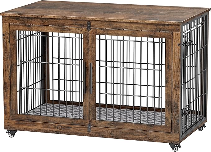 Dog Crate Furniture with Cushion Set of 2, Wooden Dog Kennel Indoor with Double Doors, Dog Cage with Wheels, Dog House Side End Table for Large Dogs up to 85 lb, 44" L, Rustic Brown