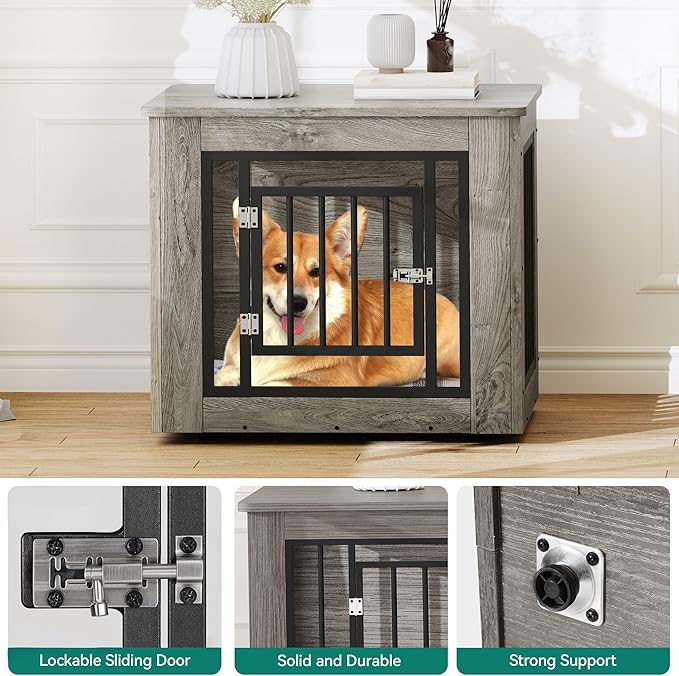 YITAHOME 27.2" L Dog Crate Furniture for Medium Dogs, 2-in-1 Iron-Wood Fusion Dog cage Indoor up to 30 lb, Side End Table, Modern Dogs Kennel with Waterproof Top, Safety Corners,Steel Lock,Grey