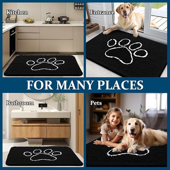 OLANLY Dog Door Mat for Muddy Paws 36x24, Paw Print Design, Absorbs Moisture and Dirt, Absorbent Non-Slip Washable Doormat, Quick Dry Chenille Mud Mat for Dogs, Entry Indoor Entryway Carpet, Black