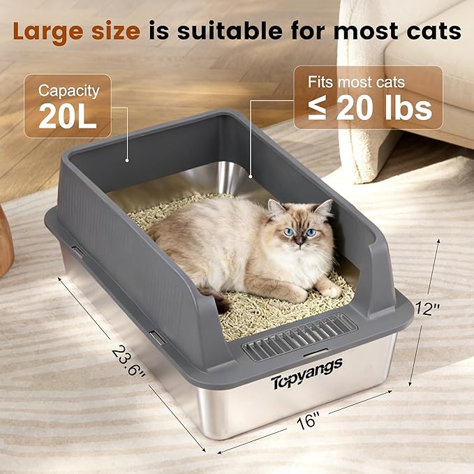 2-Pack Stainless Steel Litter Box, Extra Large Litter Boxes for Big Cats, XL Metal Cat Litter Box with Lid High Sides, Anti-Urine Leakage, Non-Sticky, Scoop Included