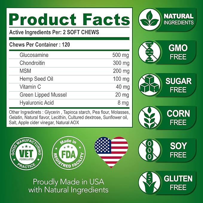 Vet Promise Hemp Hip and Joint Support Supplement for Dogs - Glucosamine for Dogs - Hemp Oil, MSM, Chondroitin - Support for Joint Pain Relief and Health - 120 Soft Chews - Made in USA
