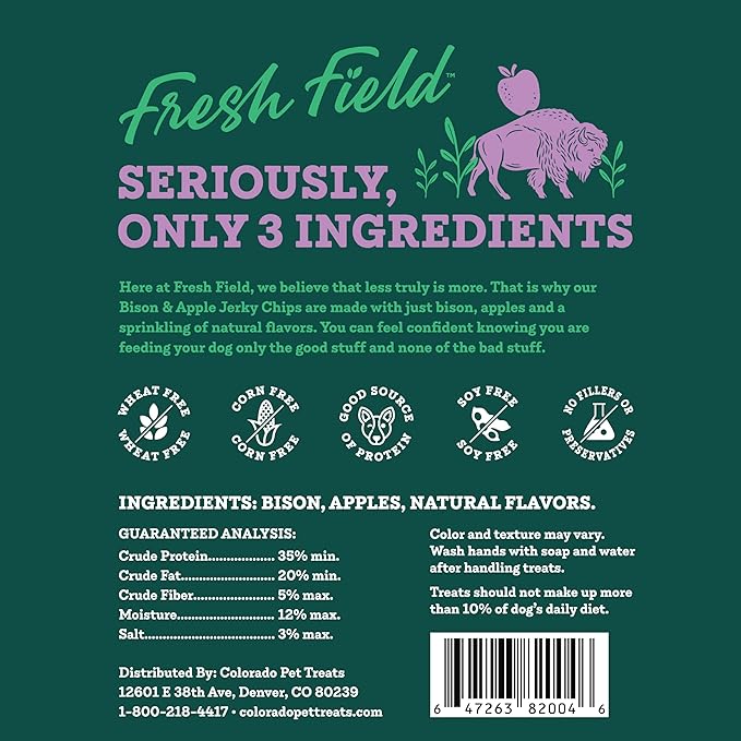 Fresh Field Bison & Apple Jerky Chips, 14 oz – All-Natural Dog Treats, USA Made, Ideal for Picky or Allergy-Prone Pets