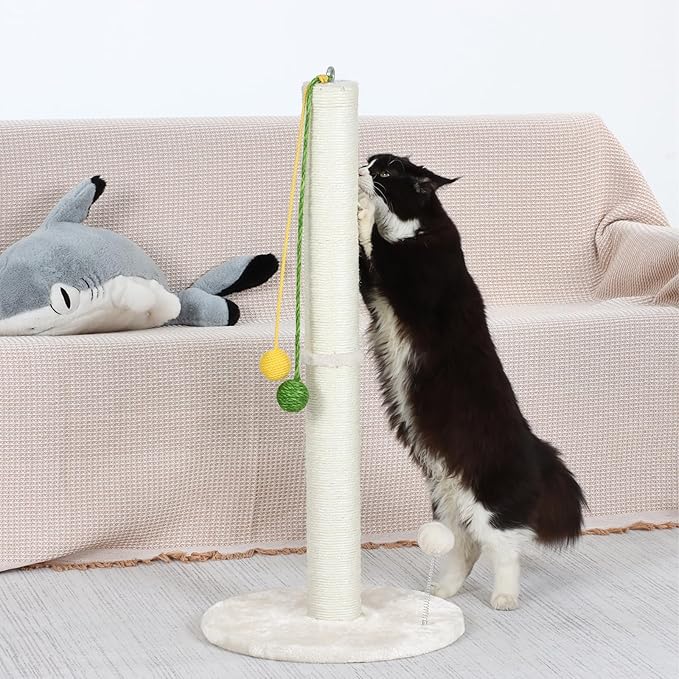 Simple cat Scratching Post Cat Scratcher 33.4 inch Tall Scratching Post with Sisal Rope for Indoor Kitten and Large Cats sisal cat Scratcher with Hanging Ball for Playing