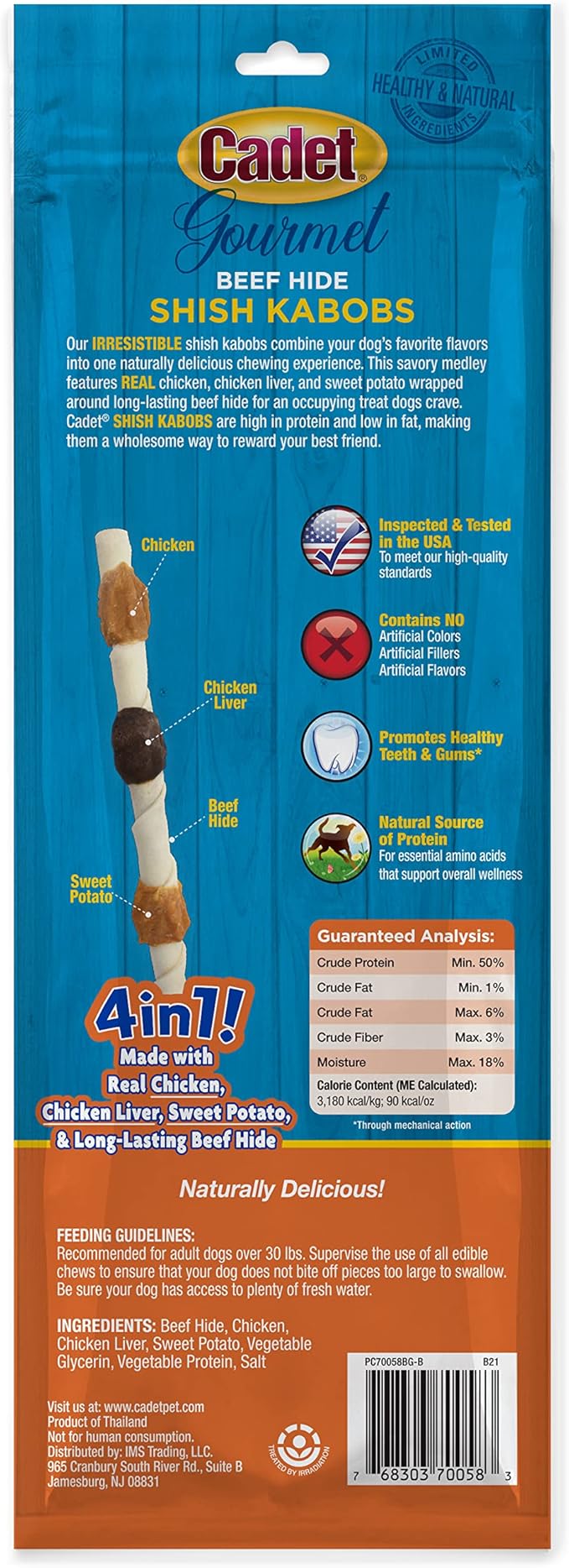 Cadet Gourmet Shish Kabob Dog Chews for Large Dogs, Rawhide Treats with Chicken and Sweet Potato, Healthy & Natural Beef Hide, 10-Inch Sticks, 2 Count