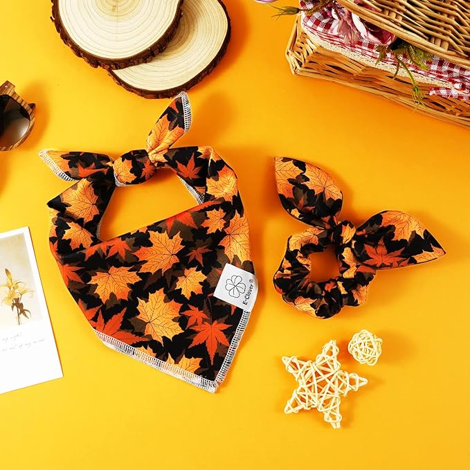 E-Clover Fall Dog Bandana & Matching Scrunchie Set Pet Scarf Kerchief Bibs Dog Outfit for Small Dogs Puppy Owner Gifts Orange Black Maple Leaves