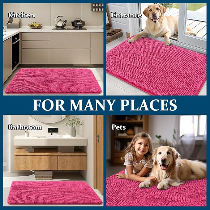 OLANLY Dog Door Mat for Muddy Paws 47x24, Absorbs Moisture and Dirt, Absorbent Non-Slip Washable Doormat, Quick Dry Chenille Mud Mat for Dogs, Entry Indoor Entryway Carpet for Inside Floor, Hot Pink
