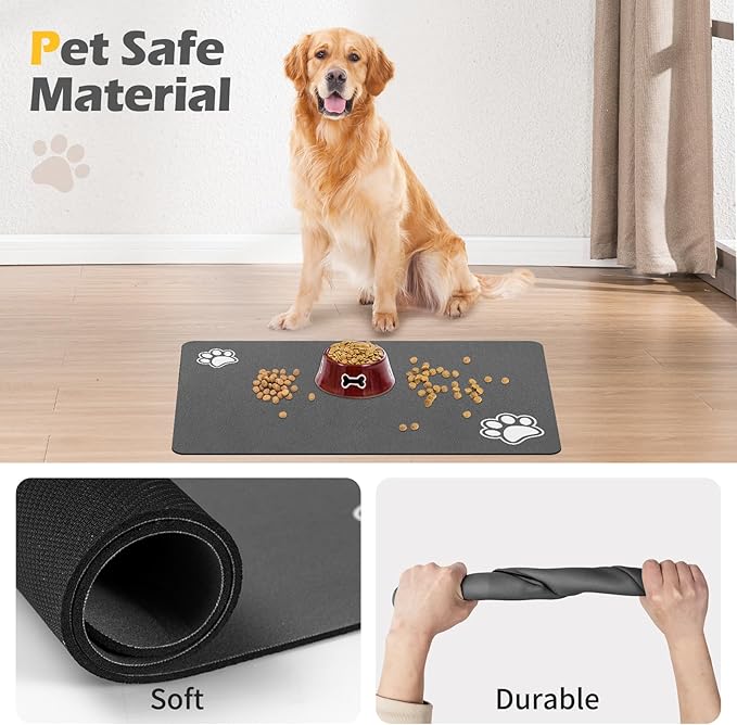 Pet Feeding Mat-Absorbent Dog Mat for Food and Water Bowl-Dog Accessories Pet Supplies-Dog Water Bowl for Messy Drinkers-No Stains Quick Dry Dog Water Dispenser Mat (12"x19", Dark Grey)