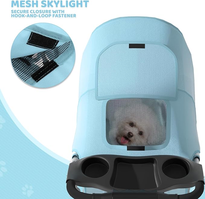 Magshion 3-Wheel Pet Stroller, Foldable Travel Jogger for Small & Medium Dogs & Cats (Up to 33lbs), Lightweight Carrier with Breathable Mesh Cover, Cup Holder & Storage Basket, Mint Green