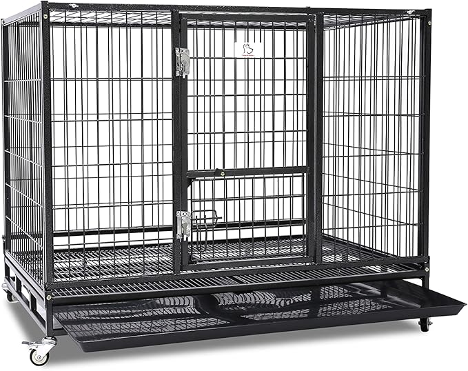 Homey Pet 43" Stackable and Collapsible Heavy Duty Dog Crate Cage Kennel with Feeding Door, Four Lockable Casters, Removable Tray and Grid, Escape Proof Dog Crate for Large Dogs