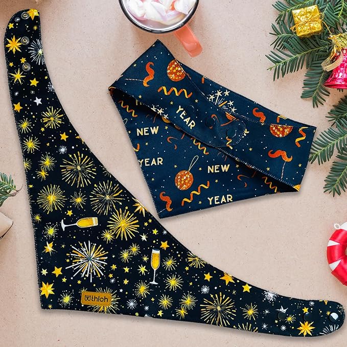 Happy New Year Dog Bandanas with Snap Button, 2 Pack Adjustable Bandanas for Small, Medium, and Large Dogs, Pet Scarf for Holiday Costume Accessory & Photo Shoot (Large)
